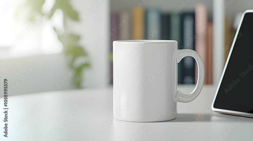 Minimalist white mug on a modern workspace table Minimalist white mug on a modern workspace table