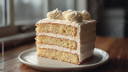 Delicious slice of three-layer vanilla cake with creamy frosting