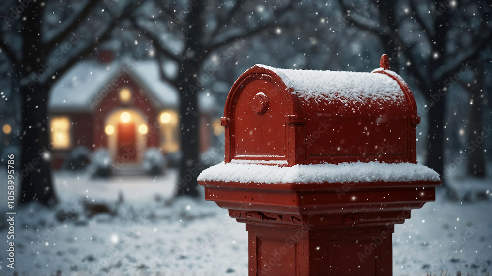 Red Christmas mailbox on winter background with trees and snow falling. Sending letters to Santa Claus. Santa mail. Merry Christmas wishes Red Christmas mailbox on winter background with trees and snow falling. Sending letters to Santa Claus. Santa mail. Merry Christmas wishes
