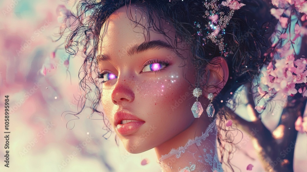 Starry-Eyed Mixed Race Girl Amid Cherry Blossoms Starry-Eyed Mixed Race Girl Amid Cherry Blossoms
