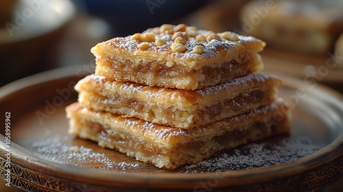 Delicious baked pastry squares with nut filling and powdered sugar topping