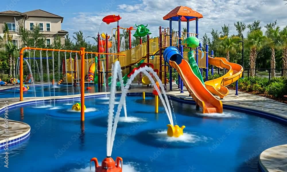 A vibrant water play area with slides and fountains for children to enjoy.