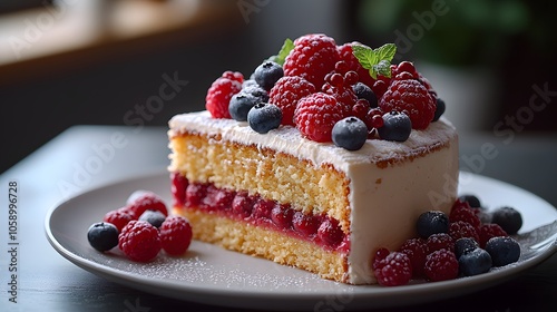 Delicious berry-topped cake slice with creamy layers and fresh fruits