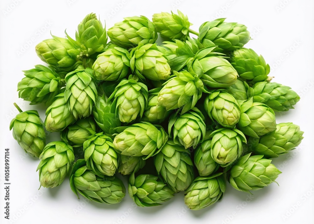 Hop Cones, Beer Brewing Ingredients, Flat Lay, White Background Hop Cones, Beer Brewing Ingredients, Flat Lay, White Background