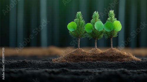 A serene depiction of three green trees sprouting from soil, symbolizing growth and environmental sustainability. photo