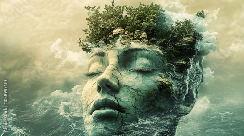 A woman's face, sculpted like a landscape with trees and rocks, is emerging from a sea of clouds. photo