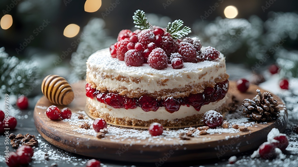 Festive berry cake with cream and icing sugar surrounded by winter decorations Festive berry cake with cream and icing sugar surrounded by winter decorations