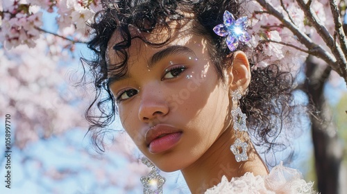 Starry-Eyed Mixed Race Girl Amid Cherry Blossoms