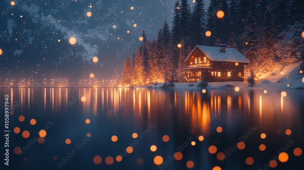 Fototapeta premium A spectacular winter cottage surrounded by snow-covered trees and a serene frozen lake at dusk.