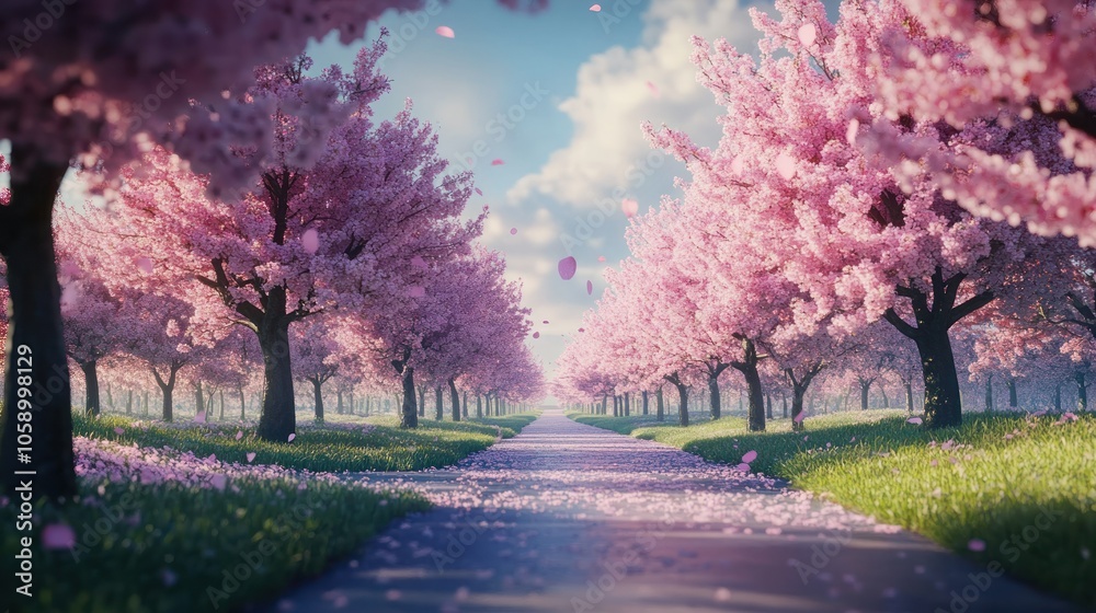 Serene Pathway Through Pink Blossom Trees Serene Pathway Through Pink Blossom Trees