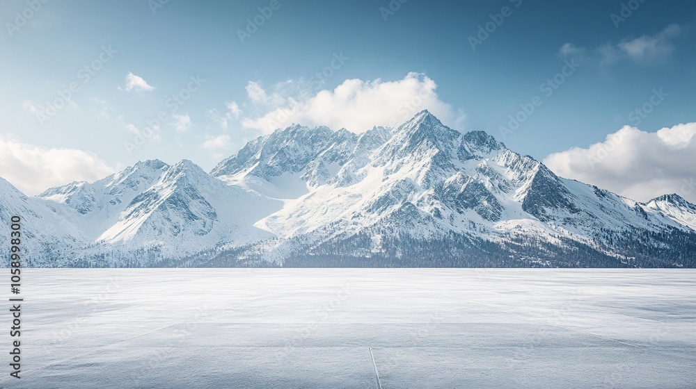 Snowy Mountain Landscape Featuring High Peaks, Platform, Road, and Parking Area on Brick Surface for Automotive Advertisement with Blank Background Snowy Mountain Landscape Featuring High Peaks, Platform, Road, and Parking Area on Brick Surface for Automotive Advertisement with Blank Background