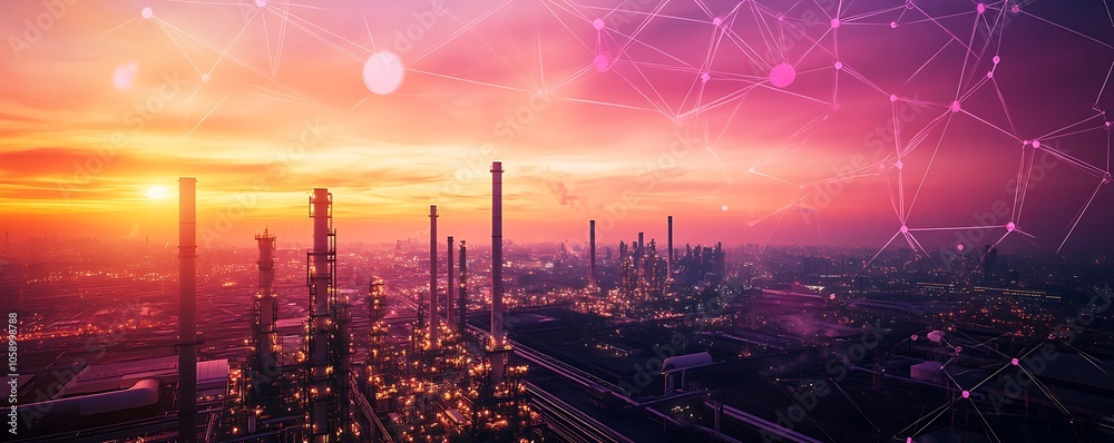 Industrial landscape at sunset with digital network overlay.