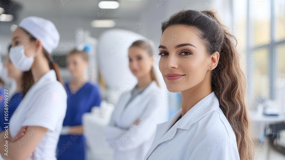 A group of healthcare professionals stands confidently in a modern medical facility. The scene showcases teamwork and dedication among doctors and nurses in a clinical environment focused on patient c A group of healthcare professionals stands confidently in a modern medical facility. The scene showcases teamwork and dedication among doctors and nurses in a clinical environment focused on patient c
