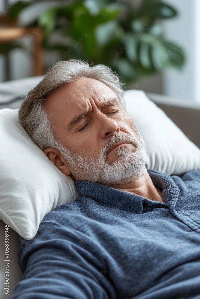 A senior man lies comfortably on a couch, eyes closed in relaxation. He has silver hair and a beard, dressed in a blue shirt. The cozy living room setting features soft lighting and a plant in the bac A senior man lies comfortably on a couch, eyes closed in relaxation. He has silver hair and a beard, dressed in a blue shirt. The cozy living room setting features soft lighting and a plant in the bac