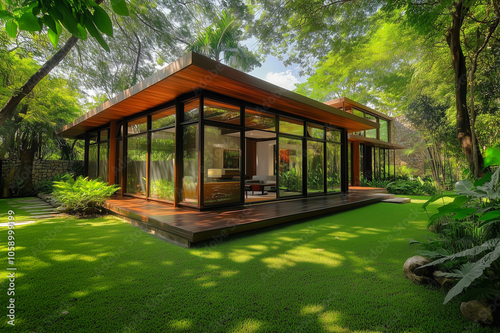 A modern glass-walled house in the middle of a lush green forest A modern glass-walled house in the middle of a lush green forest