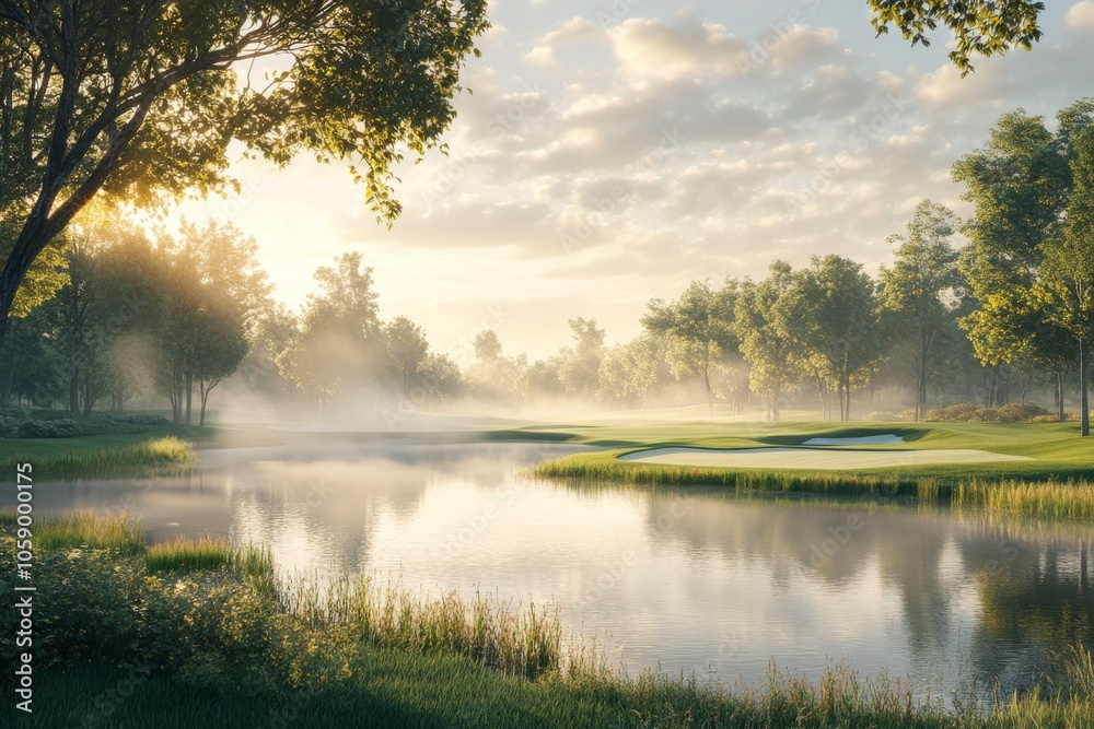 Fototapeta premium Foggy Morning on a Golf Course with Water Feature