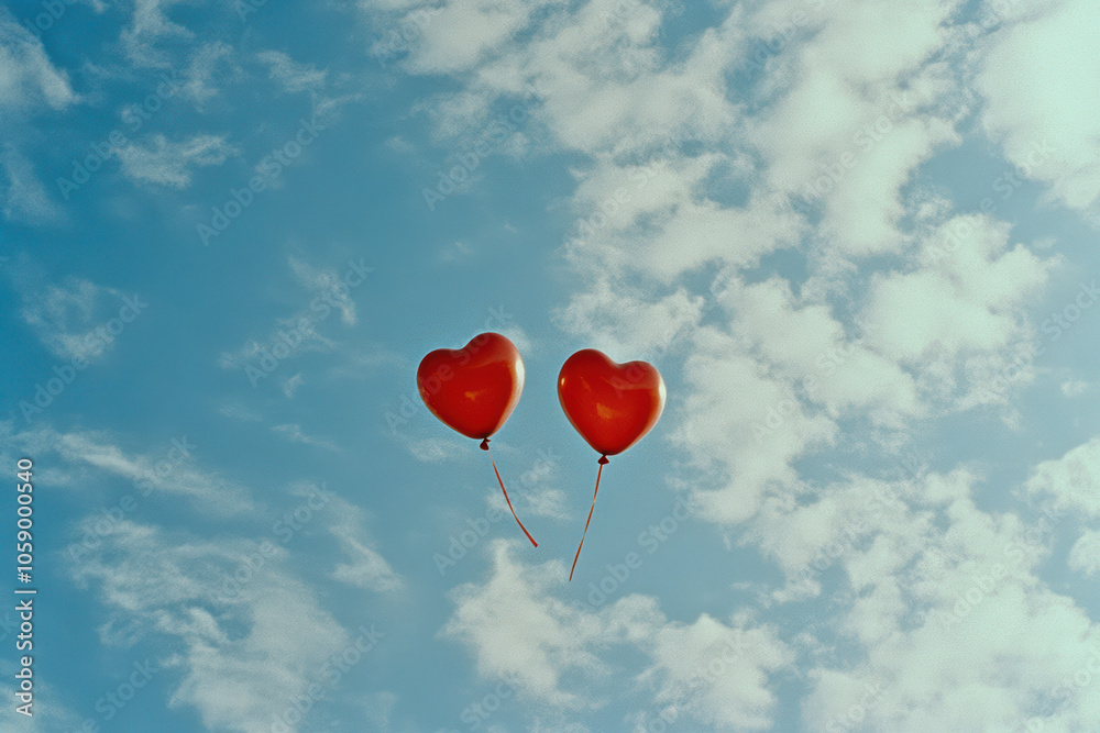 Two red heart-shaped balloons floating against a cloudy blue sky, symbolizing love, romance, and celebration. Perfect for Valentine's Day themes. Two red heart-shaped balloons floating against a cloudy blue sky, symbolizing love, romance, and celebration. Perfect for Valentine's Day themes.