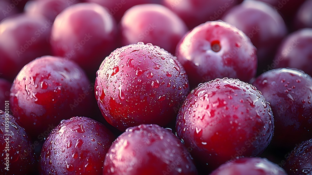 Close-up of fresh red plums with dew drops showcasing natural juiciness Close-up of fresh red plums with dew drops showcasing natural juiciness