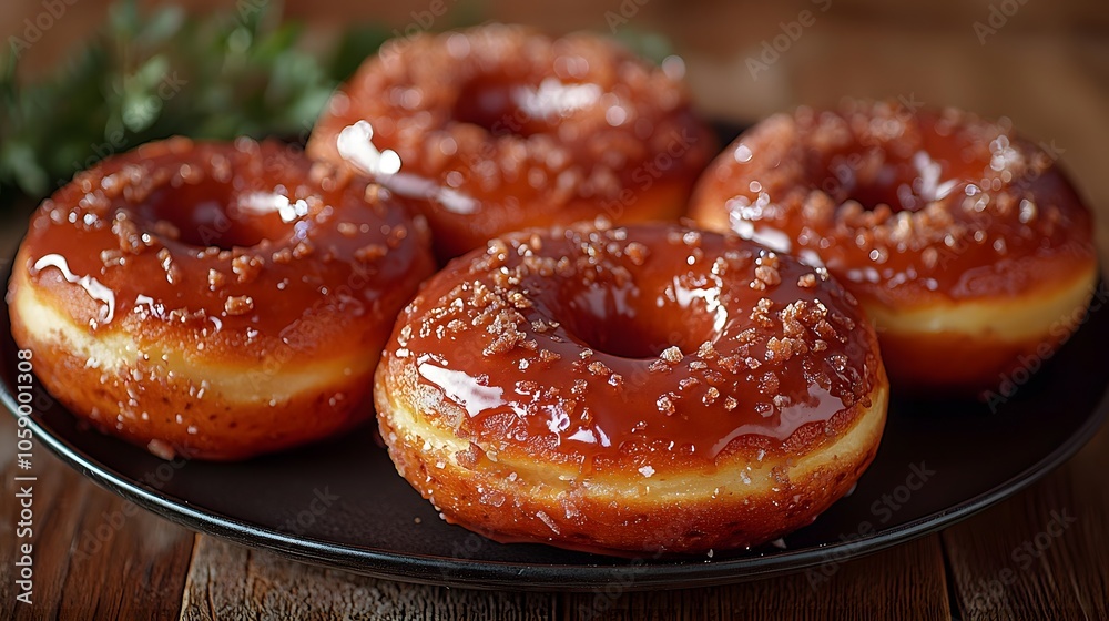 Delicious glazed doughnuts on rustic wooden table with caramel topping Delicious glazed doughnuts on rustic wooden table with caramel topping