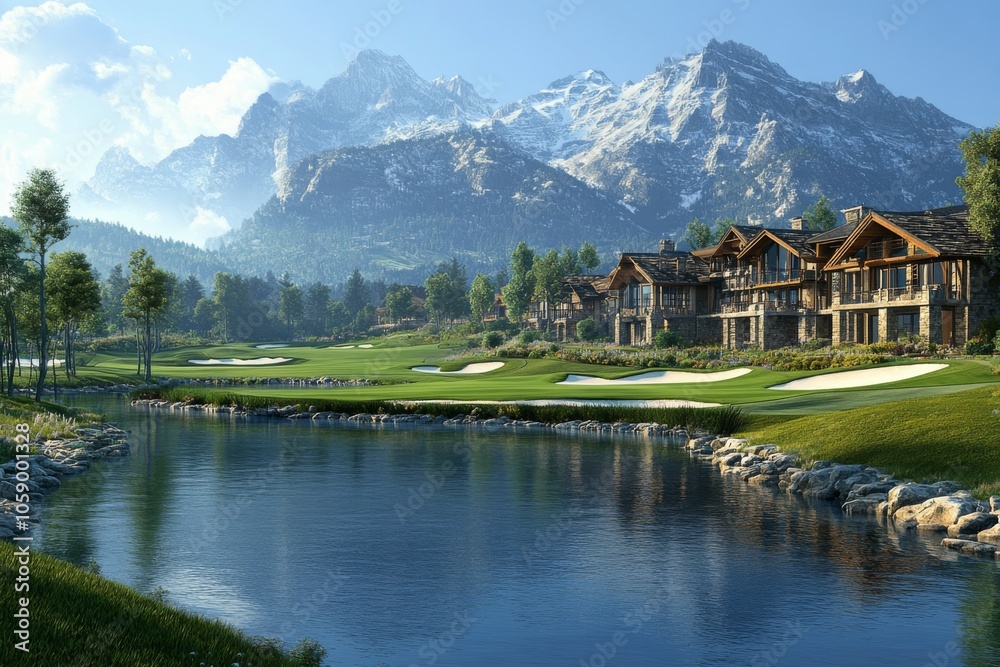 Fototapeta premium Luxury Homes on Golf Course with Mountain View