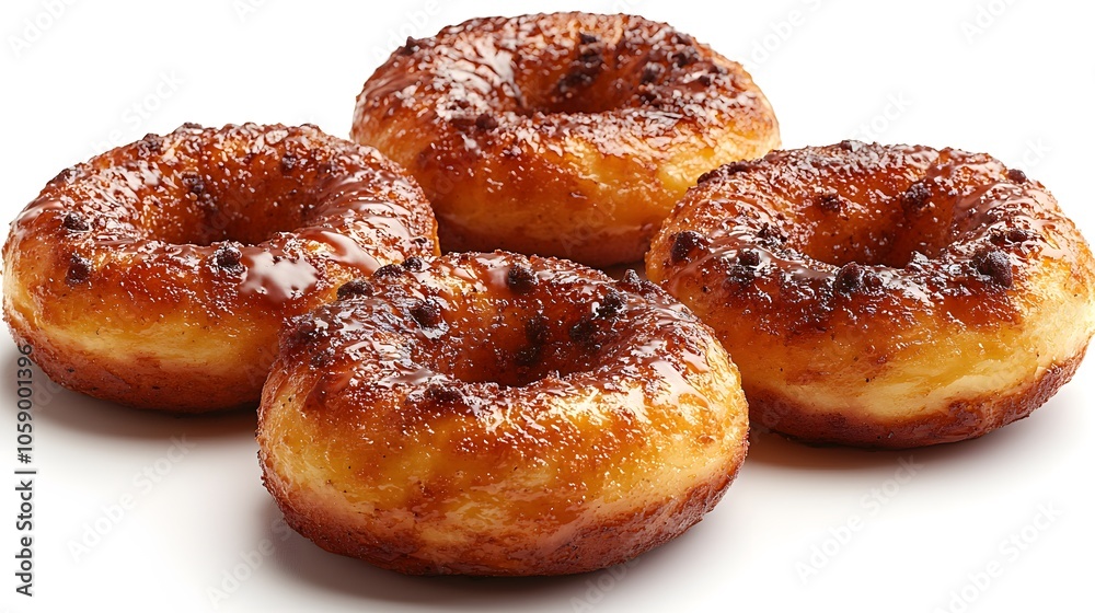 Close-up of four golden brown caramelized donuts on white background Close-up of four golden brown caramelized donuts on white background