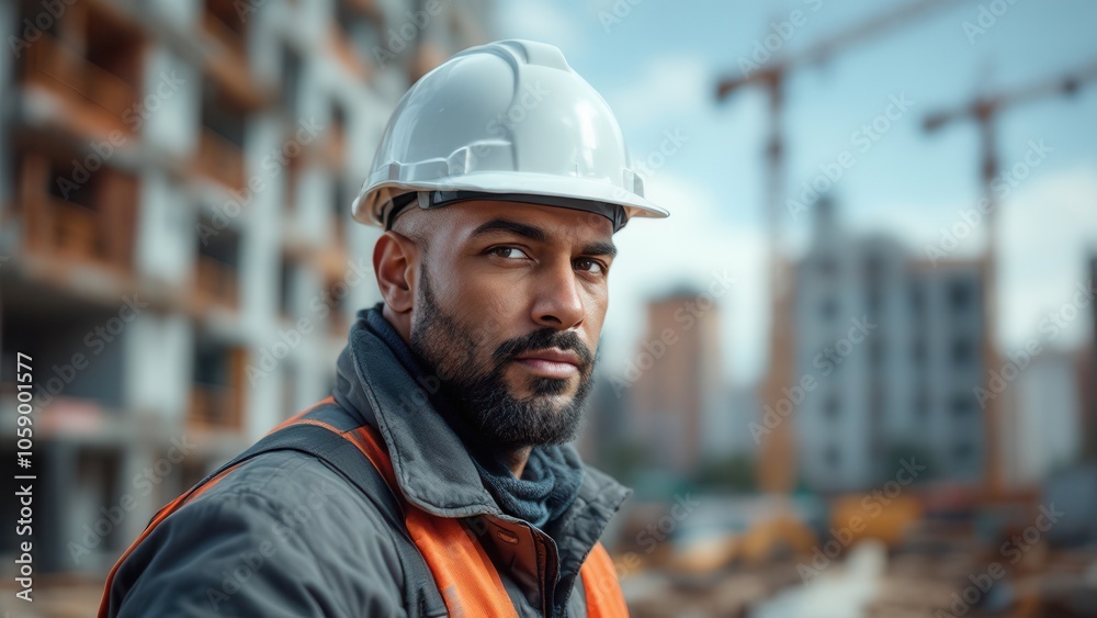 A construction worker stands confidently at a bustling building site, wearing a hard hat and safety vest. Cranes and scaffolding create a dynamic backdrop as the worker focuses on the ongoing construc A construction worker stands confidently at a bustling building site, wearing a hard hat and safety vest. Cranes and scaffolding create a dynamic backdrop as the worker focuses on the ongoing construc