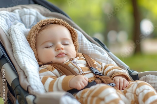 A sweet baby peacefully sleeps in a stroller, wrapped in a soft blanket. Dressed in a cozy jumpsuit of natural fabric, the little one enjoys a serene moment while sunrays filter through the green tree