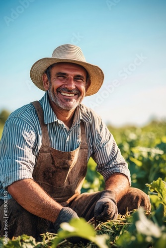 A farmer smiles broadly while working in a bountiful field. His hands grasp a tool as he manages the harvest under a brilliant blue sky, surrounded by vibrant green crops, embodying the joy of agricul photo