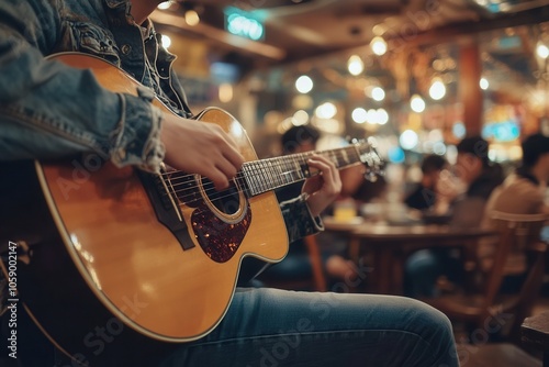 Wallpaper Mural A talented musician strums his guitar with passion in a warm, inviting cafe. The audience enjoys the live music and the relaxed ambiance, capturing a perfect moment of joy and creativity. Torontodigital.ca