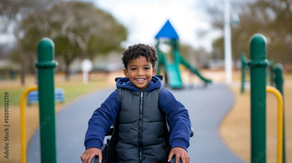 Obraz premium smiles child in wheelchair enjoys playtime at a local park on the background playground equipment