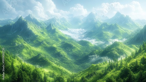 view over lush green wooded mountain slopes, digitally rendered with generative ai technology to create a surreal and vibrant landscape that captures the beauty of nature