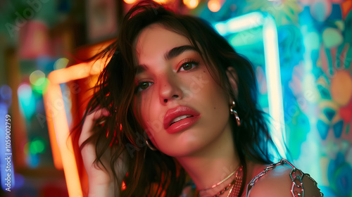 Wallpaper Mural Vibrant Portrait of a Young Woman with Neon Background Torontodigital.ca