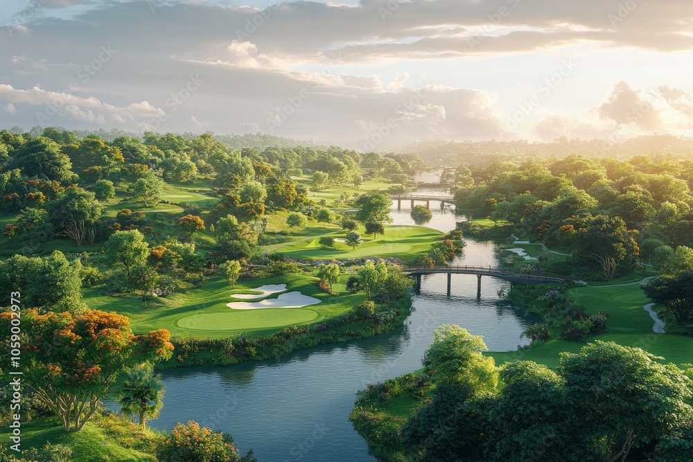 Fototapeta premium Golf Course Landscape with River and Bridges at Sunset
