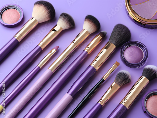 Purple makeup products on a purple background