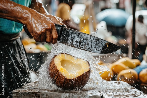 A coconut being cracked open with a machete by a local vendor on a bustling street market, with fresh coconut water splashing out photo