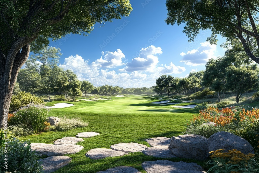 Obraz premium Beautiful Green Golf Course Landscape With Trees and Rocks