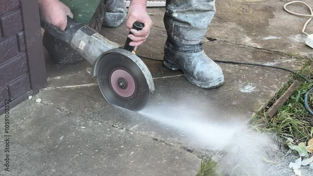A man is using a power tool to cut concrete. The concrete is wet and the man is wearing a green jacket