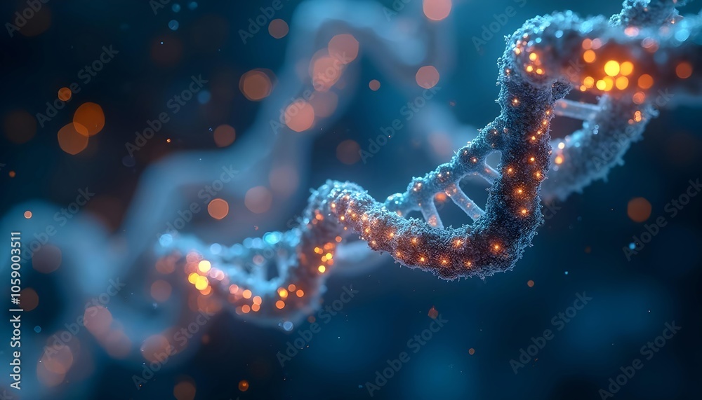 The lines and shapes of molecular structures or DNA strands that glow against a shimmering dark background The lines and shapes of molecular structures or DNA strands that glow against a shimmering dark background
