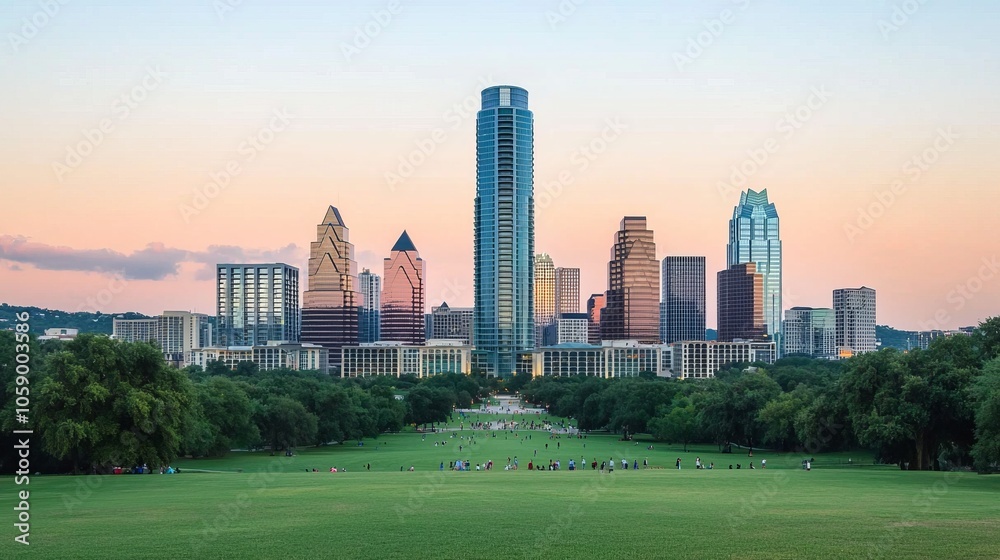 Obraz premium A panoramic view of a city skyline with tall buildings and a park in the foreground at sunset.