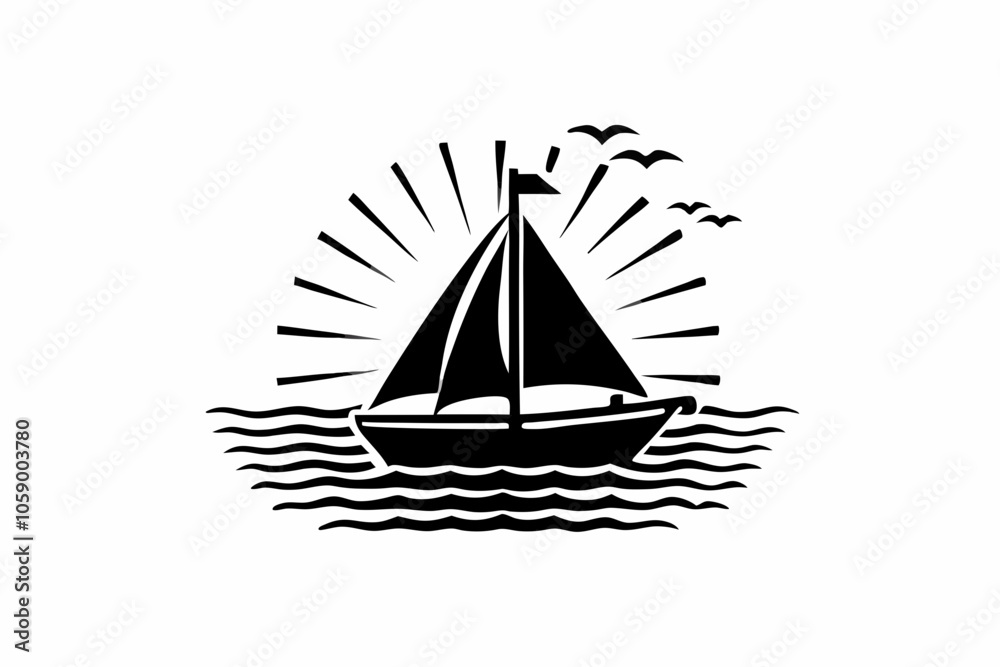 Sailboat Silhouette Vector on Calm Waters at Sunset Sailboat Silhouette Vector on Calm Waters at Sunset
