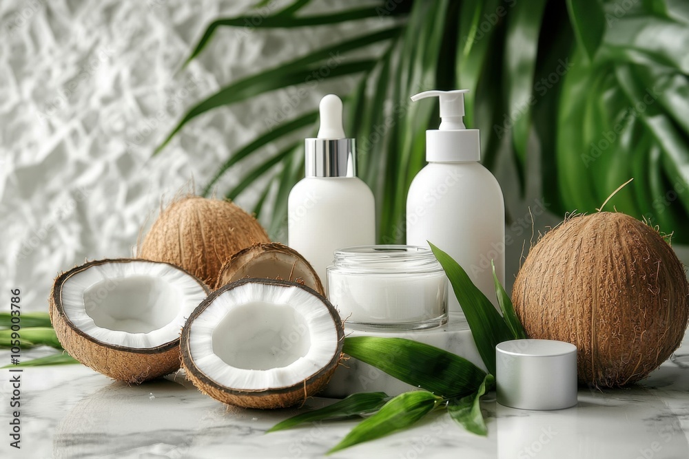 A coconut-based skincare product lineup, including lotions, creams, and oils, displayed on a marble surface with coconut pieces and green leaves for decoration A coconut-based skincare product lineup, including lotions, creams, and oils, displayed on a marble surface with coconut pieces and green leaves for decoration