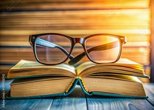 Minimalist still life: an open book and glasses on a stack of books, a study in stillness. photo