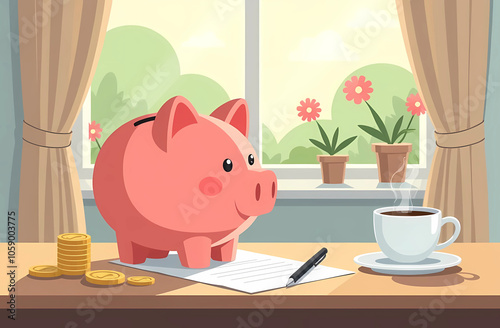 A pink piggy bank stands on a table against the background of a window with curtains and indoor plants, next to it is a cup of coffee or tea, coins or money, a pen and a sheet of paper