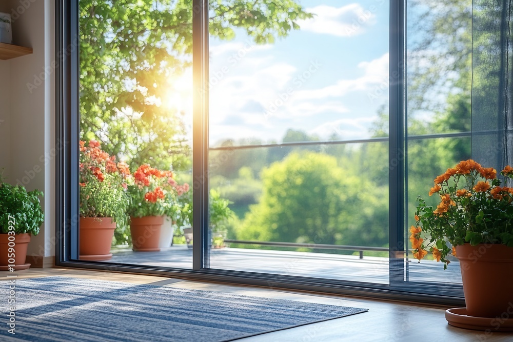 Fototapeta premium The glass sliding door connects the kitchen to a sunny balcony adorned with vibrant potted flowers. A lush landscape with trees and a clear sky enhances the feeling of freedom and outdoor tranquility.