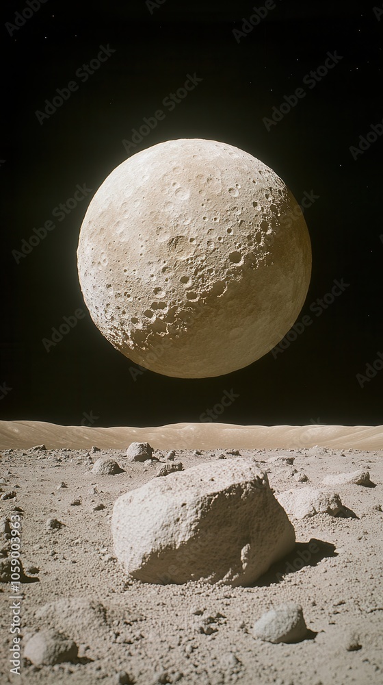 A striking celestial body dominates the view of a distant galaxy, surrounded by a barren landscape. The surface exhibits numerous craters and rocky formations, revealing the complexities of this astro A striking celestial body dominates the view of a distant galaxy, surrounded by a barren landscape. The surface exhibits numerous craters and rocky formations, revealing the complexities of this astro
