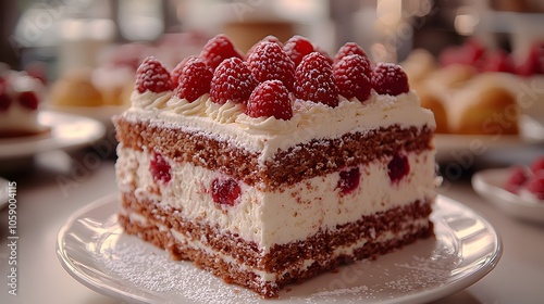 Decadent raspberry cake slice with whipped cream and chocolate layers