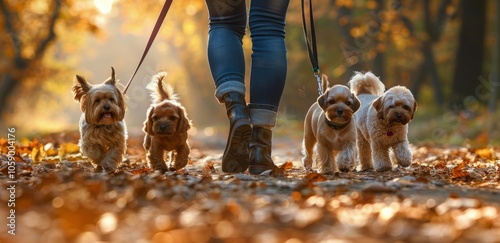 Person Walking Four Dogs on Path Through Autumn Forest