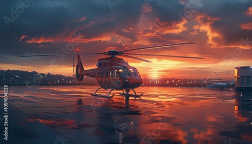 Black Helicopter Parked on Wet Runway at Sunset