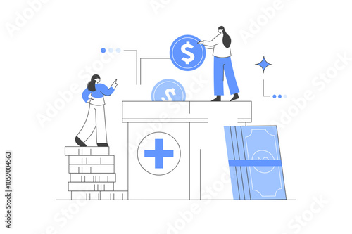 Characters donating and saving money. Volunteers putting coins in donation box and savings jar. Financial support and saving concept. Vector Illustration, icon. Stylish, Minimalist line, abstract