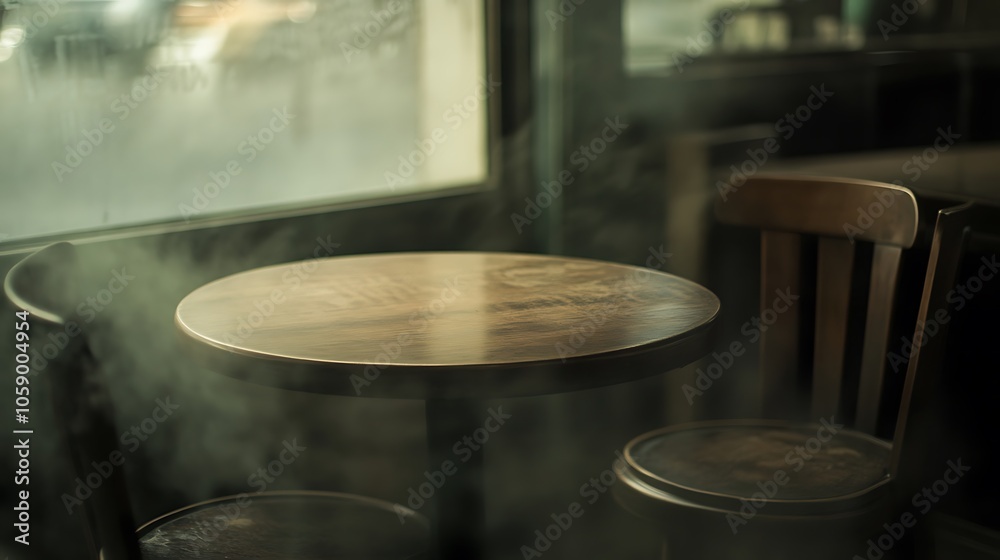 Fototapeta premium A Round Wooden Table and Two Chairs in a Smoky Cafe